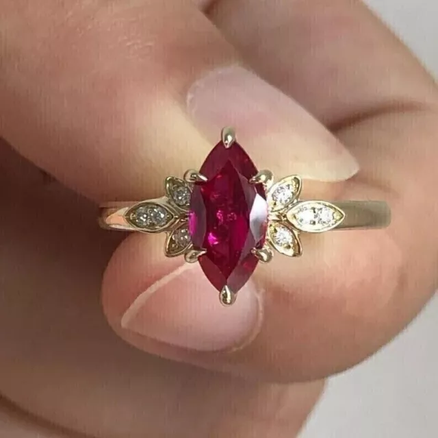 2Ct Marquise Cut Lab-Created Ruby Diamond Engagement Ring 14K Yellow Gold Plated