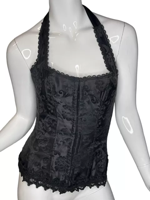 NEW Fredericks of Hollywood Womens Black Halter Corset Sz 36 Hook Lace Up Damask