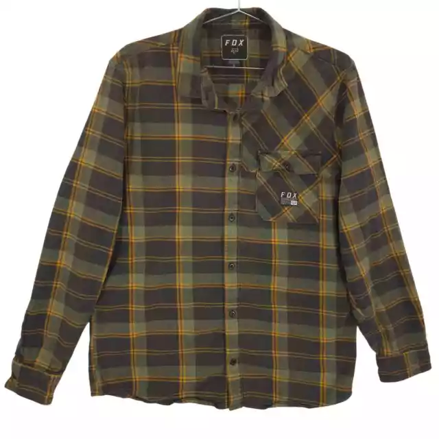 Fox Racing Flannel Shirt Mens L Green Plaid Outdoor Logo Long Sleeve Button Up