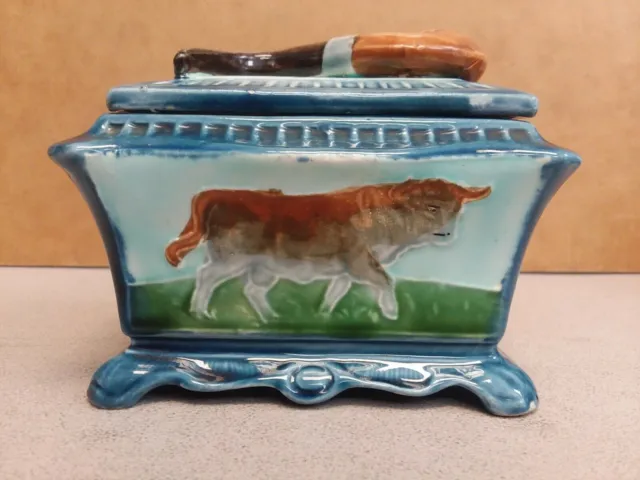 Antique Humidor AUSTRIA Majolica PIPE & BULL Cow Motif TOBACCIANA Jar Box