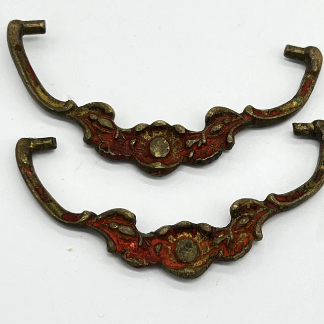 Antique Art Nouveau Floral Brass Drawer Pulls Set of 2 Red Gold French