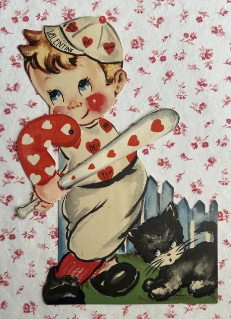 Vintage 1930s 8” Mechanical Valentine Card Cute Little Boy Baseball Bat & Kitten 2