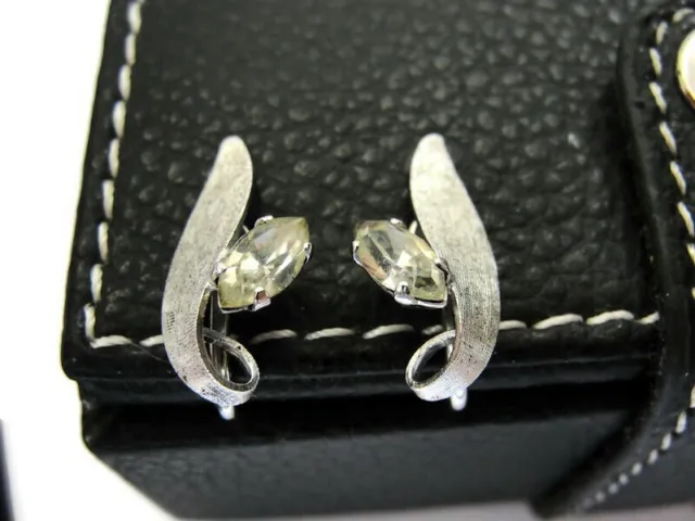 1950 Sterling 925 Silver Screw Back Earrings Van Dell Flower Rhinestone Vintage