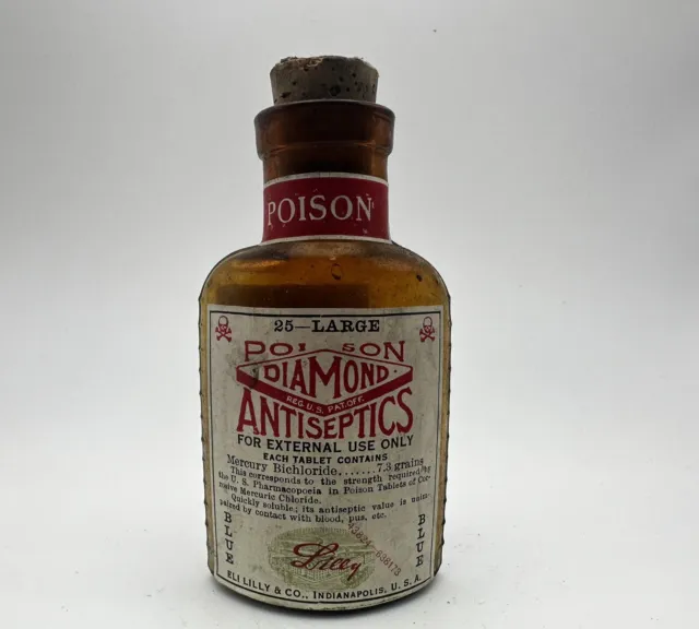 Vintage Eli Lilly & Co. Diamond Poison Antiseptics Bottle With Tablets