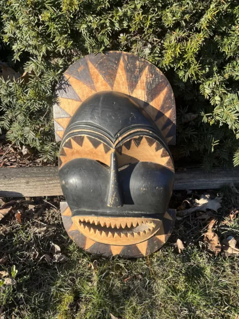 Vintage African Style Carved Wooden Primitive Tribal Mask Black Antique Decor