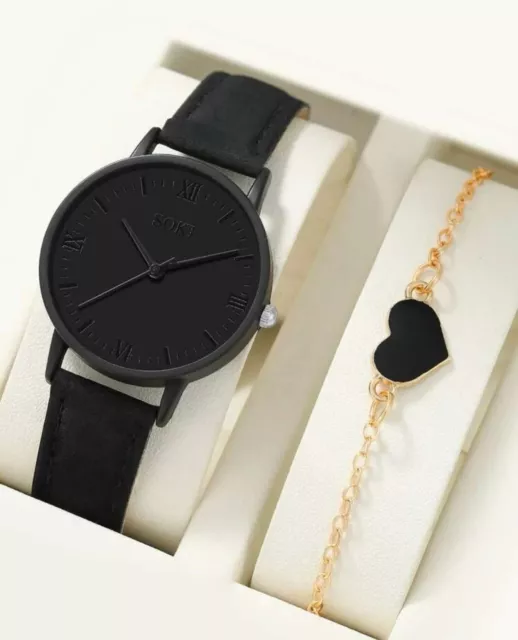 Damen Uhr und Herz Armband Geschenkset Lederarmband schwarz & gold UK