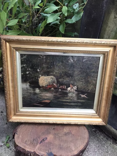 Antique Edwardian Hay cart horse farming oil painting canvas signed dated 1902