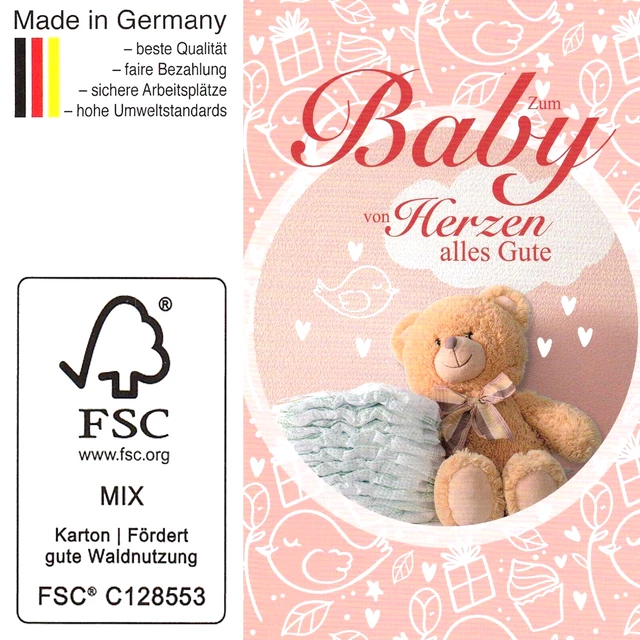 FSC GLÜCKWUNSCH KARTE Baby zur Geburt Geburtskarte Geburtstag Teddy Bär