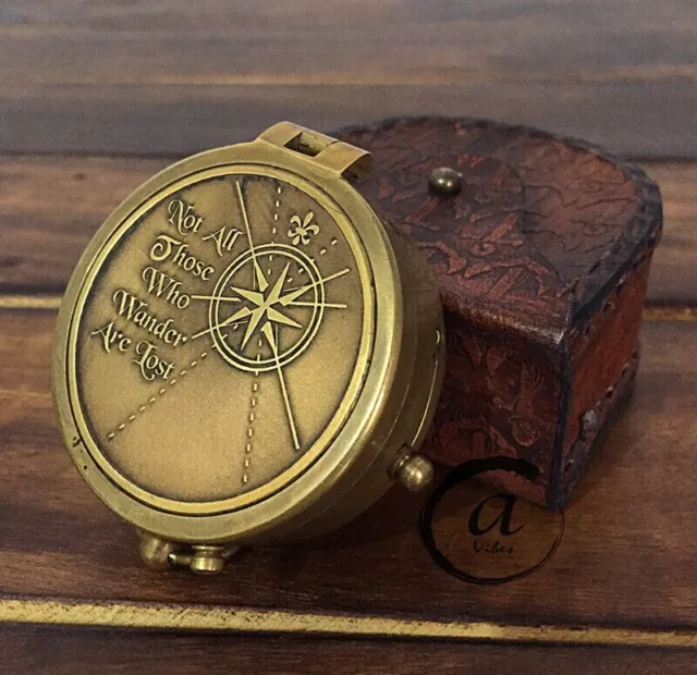 Vintage Style Engraved Antique Brass Pocket Compass With Leather Case Compass.