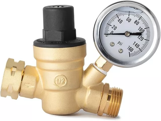 RV Water Pressure Regulator Valve with Gauge - Adjustable Water Pressure Reducer