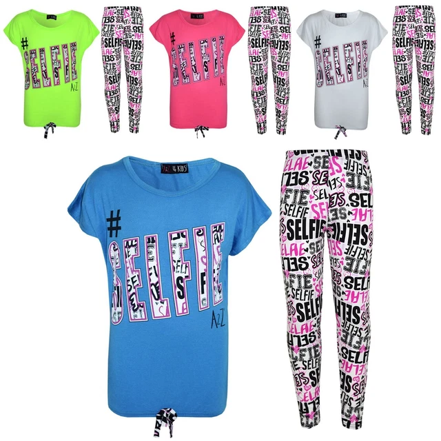 Kids Girls #Selfie T Shirt Top & Fashion Selfie Graffiti Legging Set 7-13 Years