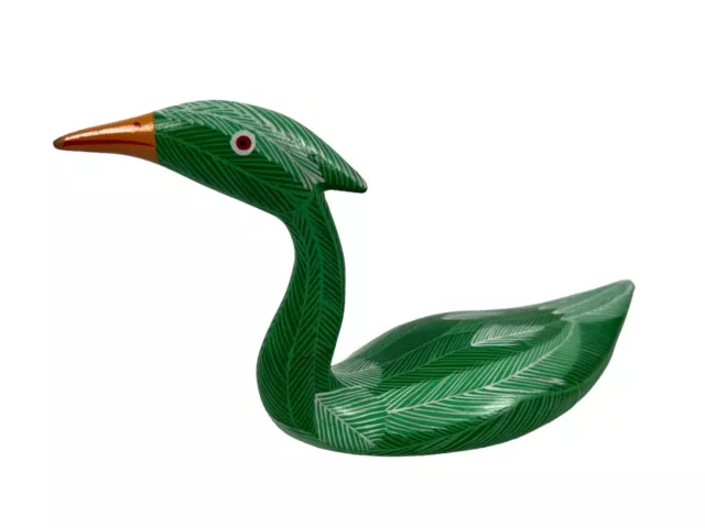 VINTAGE WOODEN BIRD Goose Duck Hand Carved Green Painted 10” X 5 ...
