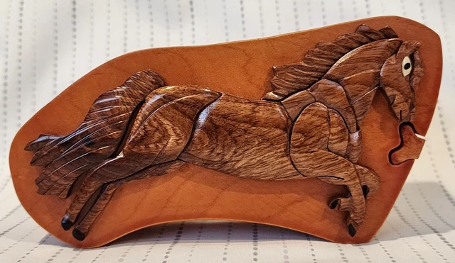 Handcrafted Intarsia Wood Art Horse Puzzle Box Jewelry Trinket Box Collectible