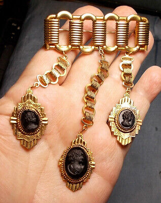 3 Black Cameos Chatelaine 1940s Dangling Gilded Book Chains of Celluloid Glass