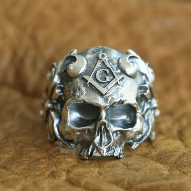 925 Sterling Silver Masonic Skull Ring Mens Biker Punk Ring TA116A US 7~15 2