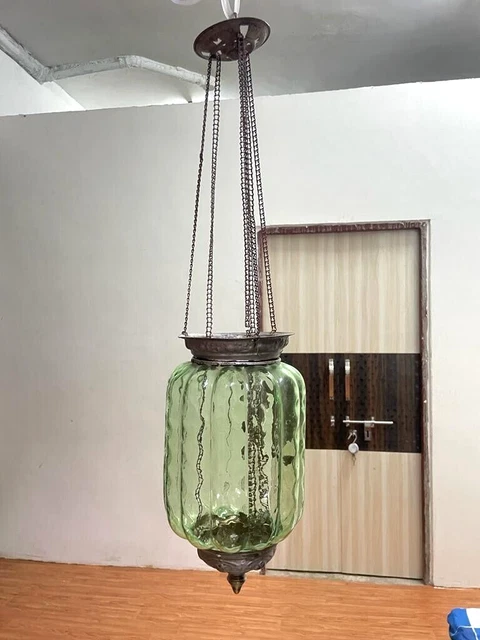 Old Vintage Victorian Green Glass Ceiling Hanging Oil Lamp Pull Chains Germany