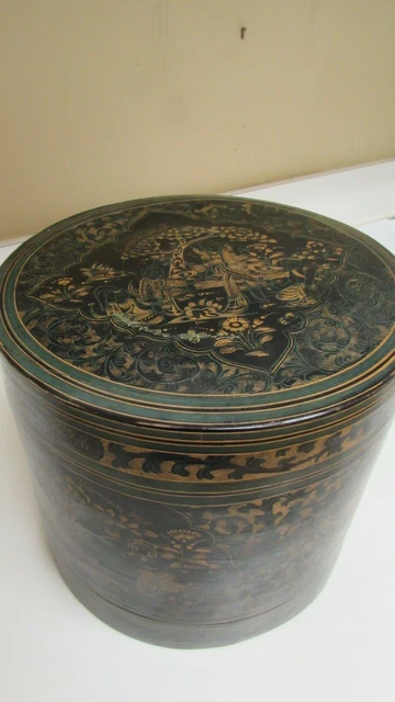 Antique Burmese Lacquer Storage Box  Large 9 ½”  Tall Intricate Design