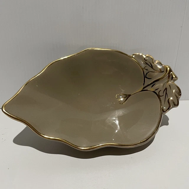 Solian Ware Simpsons Potters Brown Leaf Dish Gold Trim Cobridge England Vintage