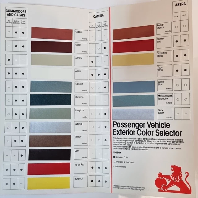 HOLDEN COMMODORE VK Exterior Colour Selector Chart May '85 Calais ...