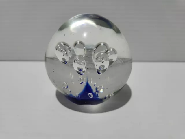 Art Glass Bubble Paperweight - Clear Blue Orb - Medium Bubbles. (A4)