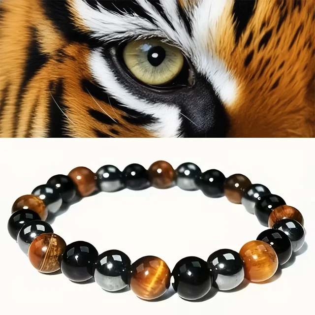 Bracciale in agata occhio di tigre naturale per uomo intrecciato regolabile nero