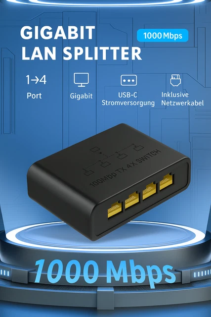 LAN Splitter 1 Auf 4 – Gigabit 1000Mbps, 4 Ports, Für Cat 5/6/7/8 Netzwerkkabel