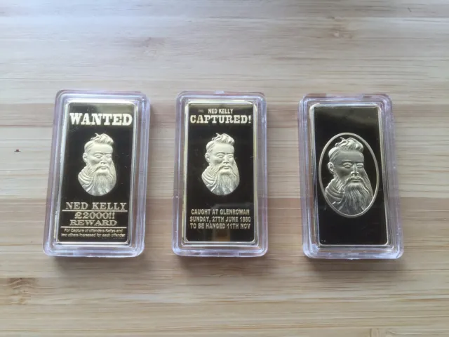 Ned Kelly Unique Boxed Set Of 3 / 10 Gram Gold Ingots - Finished In 24K Gold  - 2