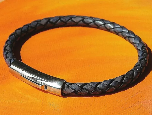 Ladies / mens 5mm Antique Navy braided leather & steel bracelet by Lyme Bay Art.