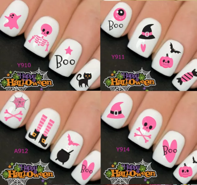 Halloween Nail Nails Art Water Transfer Decal Wraps Stickers Boo Pink Witches