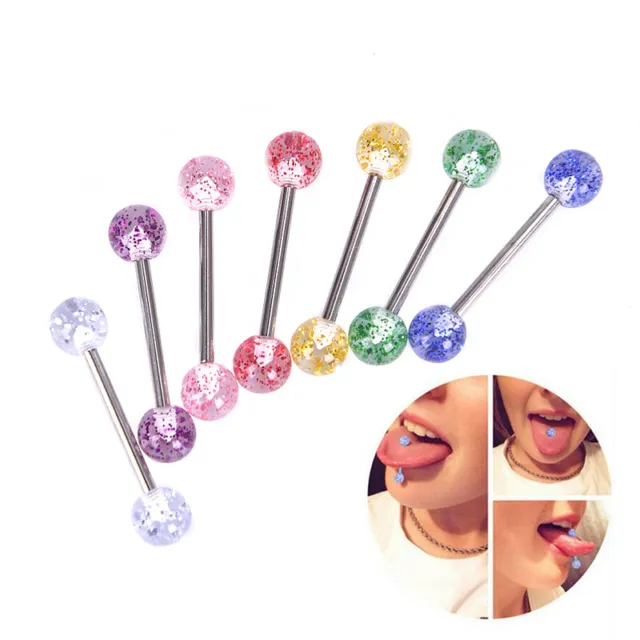 8PCS/Set Colorful Glitters Tongue Rings Barbell Ball Body Piercing Je_tu