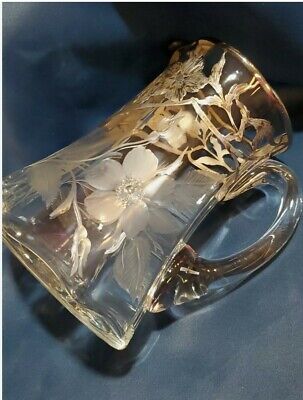 ABP Glass Pitcher W/Realistic Intaglio Cut Floral Design And 999 Silver Overlay