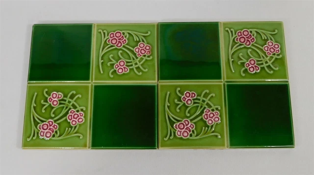 2 Antique Majolica Tiles 6" Belgium Hemixen C1900 Art Nouveau Green Pink Berries