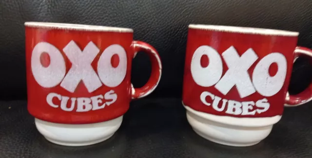 Mugs  Oxo Cubes Vintage Rustic Ceramic  Made in England Red & White  x two