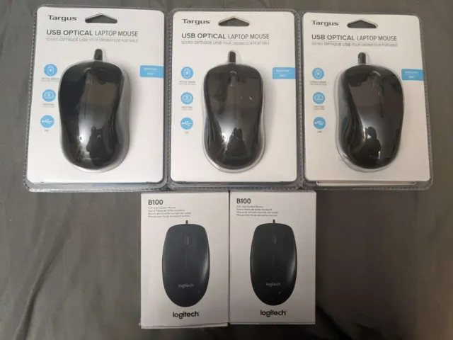 Lot of 2 Logitech B100 Mice, and 3 Targus USB Optical Mice: 4 New and 1 Open Box