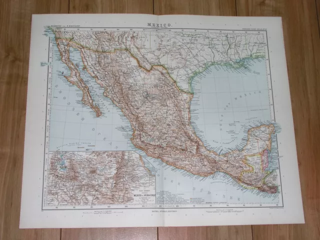 1912 Original Antique Map Of Mexico / Yucatan / Baja California / Texas