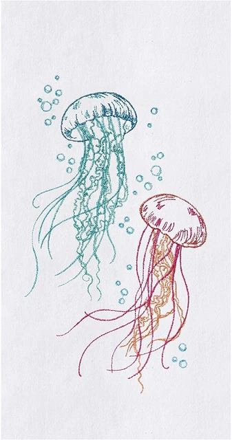 Floating Jellyfish and Bubbles Embroidered Flour Sack Kitchen Dish Towel
