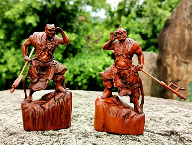 CC006 -13x6.5x4.5 CM Carved Boxwood Figurine Carving:Pair Guardian Gods Warriors
