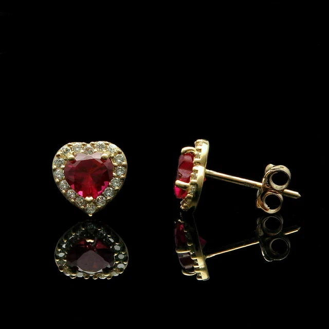 1Ct Heart Cut Simulated Ruby Halo Push Stud Earring's 14K Yellow Gold Plated