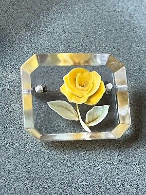 Vintage Reverse Carved Yellow Rose Flower in Clear Plastic Octagon Pin Brooch –