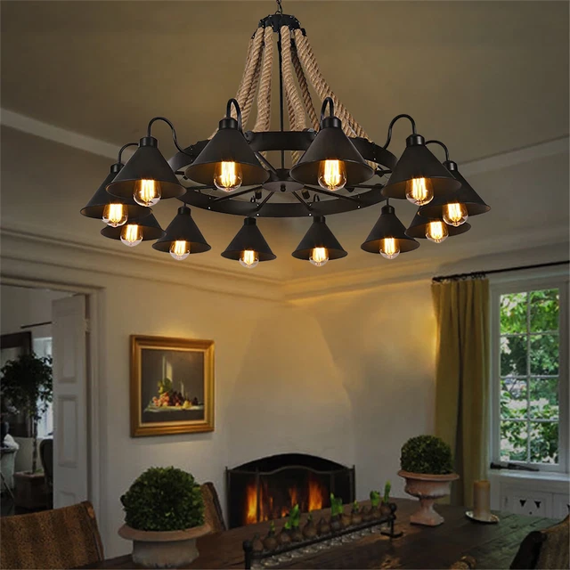 FARMHOUSE PENDANT CHANDELIER Rustic Ceiling Light Dining Room Hemp Rope