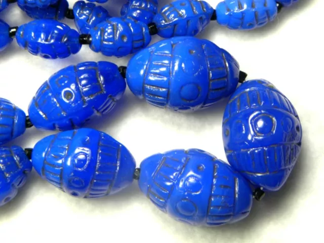 Vintage Estate Peking Glass Carved Scarab Cobalt Blue Graduated Necklace