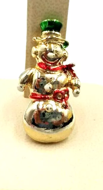 Vintage 1980's Gold Tone 1.5" Heavy  Christmas Snowman Brooch Pin 2