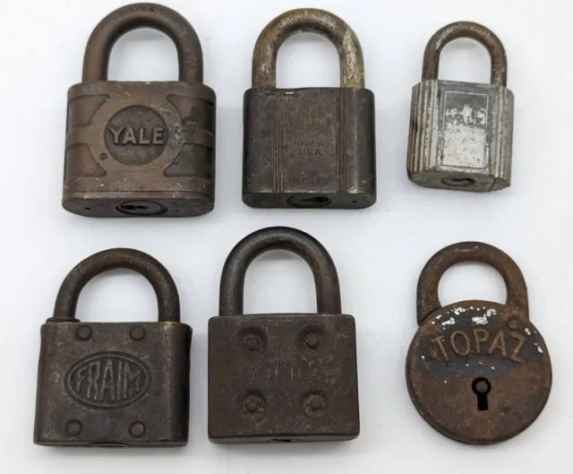 6 Vintage Padlocks Locks Yale Fraim Monco Topaz Eagle Brass Iron NO KEYS