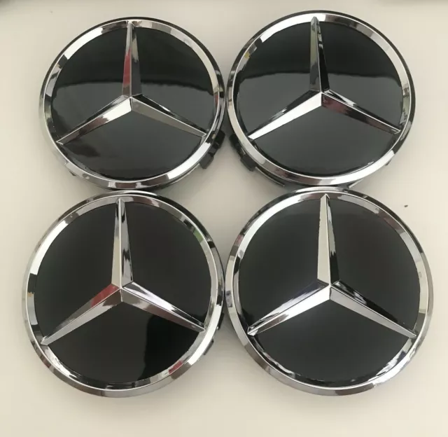 LOT 4 Cache Moyeu 75mm NOIR BRILLANT / Mercedes Logo Emblème Jante Centre Roue