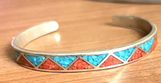 Native American Sterling Silver Turquoise Coral Chip Inlay Cuff Bracelet VTG 6.5