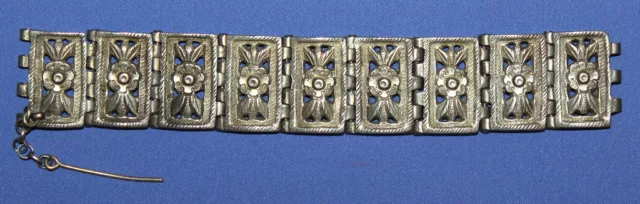 Antique Hand Made Floral Hinged Silver Bracelet
