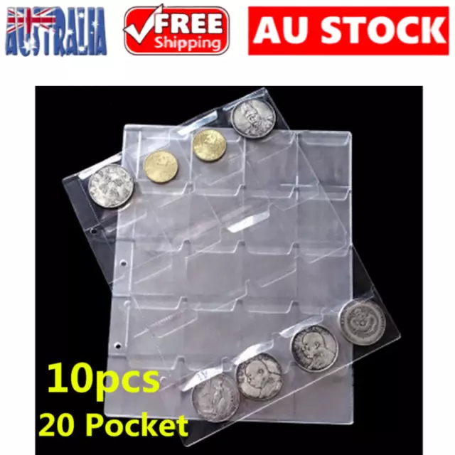 10 Pages 20 Pockets Plastic Coin Holders Storage Note Currency Collection Case