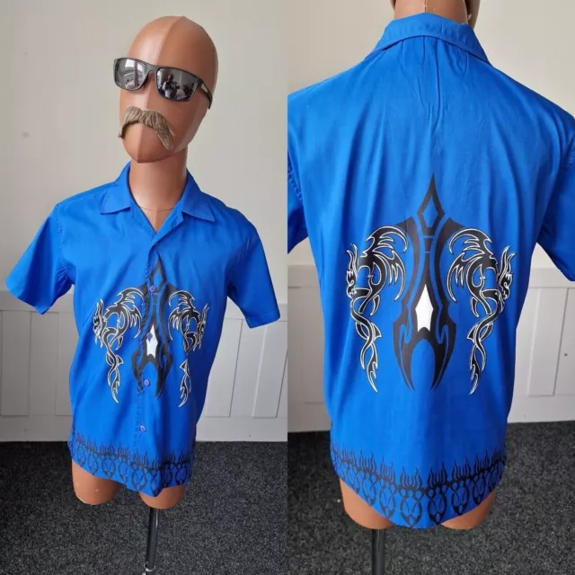 CAMICIA VINTAGE BAMBINI Tribal Tattoo Taglia 13-14 Anno Blu Poliestere 90s/2YK AV66