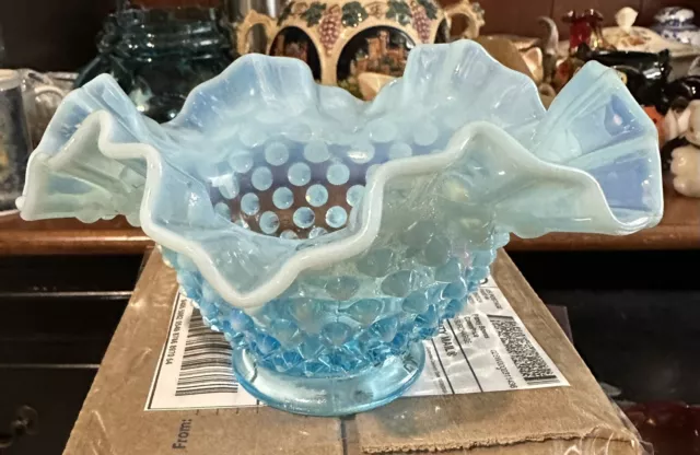 Fenton Blue Opalescent Hobnail 6 1/2”Round Crimped Ruffled Bowl Candy Dish