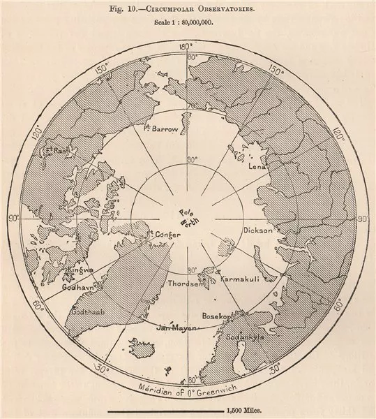 Circumpolar Observatories. Arctic Ocean 1885 old antique map plan chart